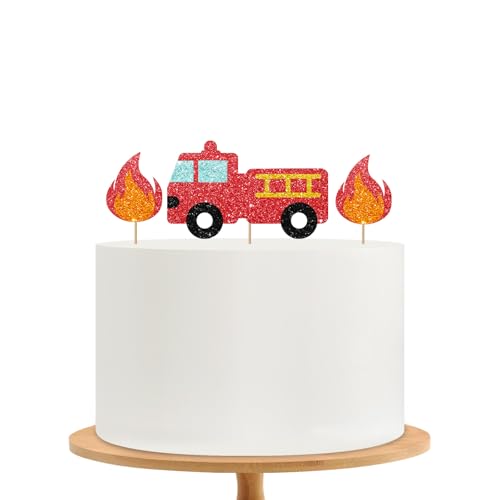 Firetruck Cake Topper, Fire Truck Birthday Cake Decor, Red Glitter Emergency Vehicle Cake Topper for Boy Birthday, Firetruck Themed Baby Shower Party Decoration - style: Firetruck