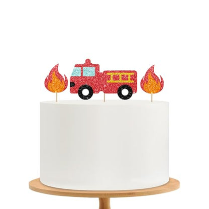 Firetruck Cake Topper, Fire Truck Birthday Cake Decor, Red Glitter Emergency Vehicle Cake Topper for Boy Birthday, Firetruck Themed Baby Shower Party Decoration - style: Firetruck