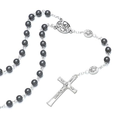 KOMI 6mm Glass Pearl Rosary Beads Catholic for Women with Metal Rosary Box Religious Gifts - style: St Michael-hematite