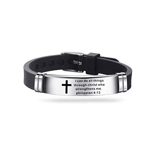 Inspirational Quote Cross Bracelets Faith Christian Bible Verse Silicone ID Wristband Religious Gifts for Men Women Stainless Steel Rubber Adjustable - style: I can do all things through christ who strengthens me
