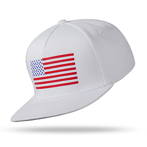 UALON Baseball Cap, Snapback Trucker Hat for Men & Women with American Flag and Adjustable, Breathable Mesh, Flat Bill Hats - color: White