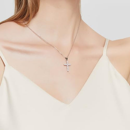 Cross Necklace for Women, Handcrafted S925 Sterling Silver Pendant - color: Sterling Silver + Zirconia