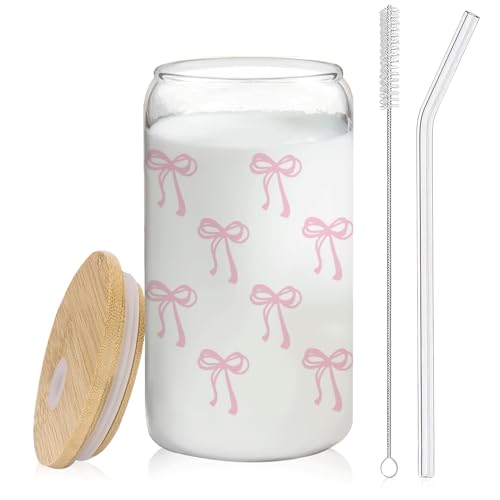 Pink Coquette Preppy Pink Bow Glass Coffee Cup With Lids And Straws 14oz,Pink Bow GiftsTrendy Glass Cup For Girls Bestfriend Sister Girlfriend - color: Pink Bow2