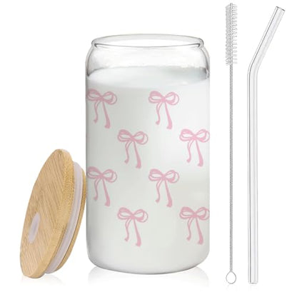 Pink Coquette Preppy Pink Bow Glass Coffee Cup With Lids And Straws 14oz,Pink Bow GiftsTrendy Glass Cup For Girls Bestfriend Sister Girlfriend - color: Pink Bow2