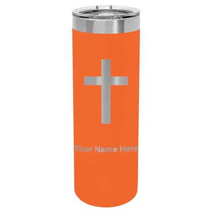 LaserGram Personalized 22oz Skinny Tumbler, Christian Cross (Orange) - color: Orange