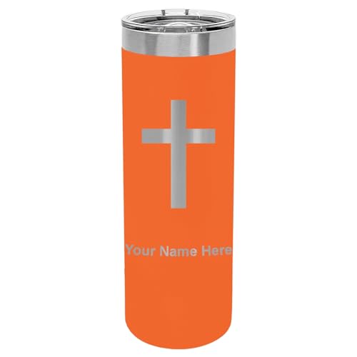 LaserGram Personalized 22oz Skinny Tumbler, Christian Cross (Orange) - color: Orange