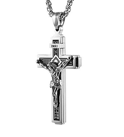 HZMAN Catholic Jesus Christ INRI Cross Crucifix Pendant Necklace for Men - color: Silver
