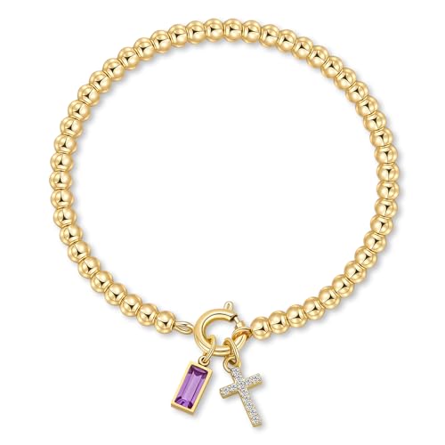 Korotho Cross Birthstone Bracelet for Women - Dainty Elastic 14K Gold Plated Bead Bracelets Trendy Waterproof Non Tarnish Birthday Jewelry Gifts Birthday Christmas Stocking Stuffer for Mom Friends - color: 02-February(Amethyst)