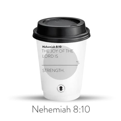 Double-Walled Paper Hot Cup, 12oz, Grey, Personalized Scripture Verses, for Sunday Morning Coffee Service and Small Groups, 25 Pack with Black Lids