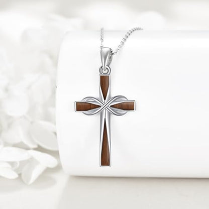 ONEFINITY Cross Necklace 925 Sterling Silver Cross Pendant Religious Jewelry Gifts - style: wood