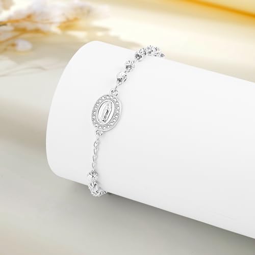 Rosary Cross Bracelet for Women, Virgin Mary Gold Silver Rose Gold 4mm Rosary Beads Catholic Bracelet - color: Silver