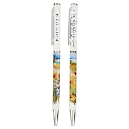 Faithworks Inspirational Pen - Refillable Ballpoint Pens, Gift Boxed, Floral with Scripture, Set of 2, Fearfully & Wonderfully Made