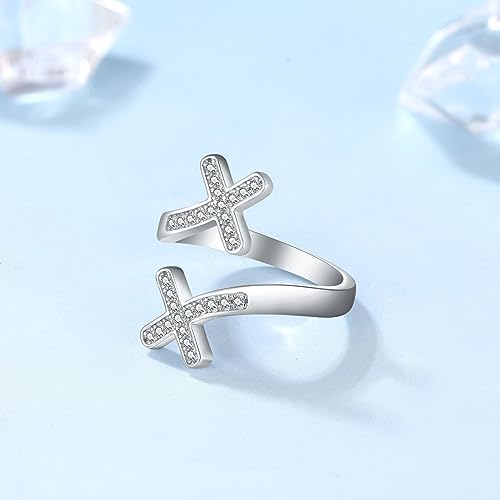 925 Sterling Silver Adjustable Cross Ring with Cubic Zirconia for Women Baptism Gifts - color: White Rhodium