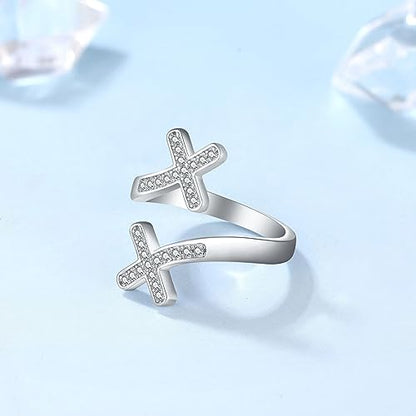 925 Sterling Silver Adjustable Cross Ring with Cubic Zirconia for Women Baptism Gifts - color: White Rhodium
