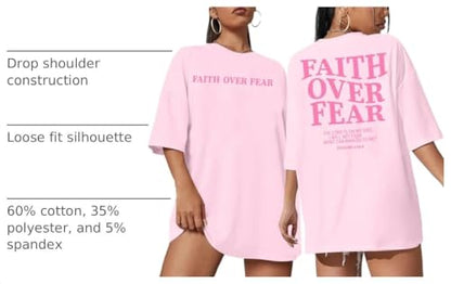 BANGELY Faith Over Fear Shirt Women Graphic Shirts Oversized Workout Gym Christian Religious Tees Drop Shoulder Tee Tops - color: B-pink, size: XX-Large