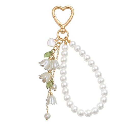 Cute Bag Charms Keychain - Pearl Keyring Wristlet Birthday Gifts - color: Green Lily of the Valley