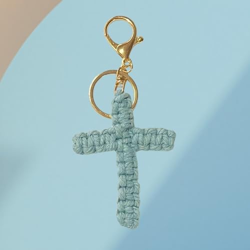 Pingyongchang Handmade Weave Cross Keychain Boho Macrame Jesus Christian Charm Keychain for Women Men - color: Blue