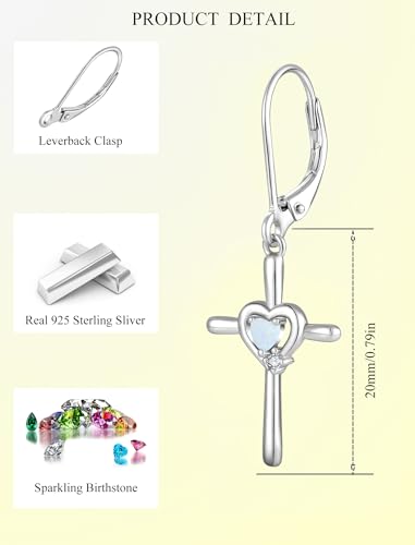 Cross Earrings 925 Sterling Silver Opal Crucifix Dangle Drop Earring Heart Birthstone Religious Jewelry for Women - color: White Opal