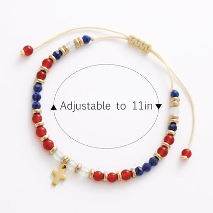 Christian Gifts for Women, Cross Bracelet, Natural Stone Beaded Jewelry - color: Red