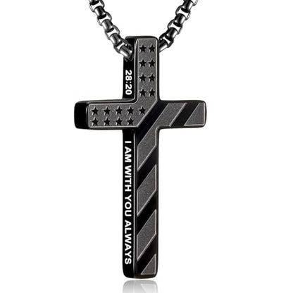 RWQIAN American Flag Cross Necklace for Men,Stainless Steel Bible Verse Cross Pendant Mens Chain,Crucifix Necklace for Christians Teen Baptism Gift Ideas Catholic Men Cool Stuff Personalized Gifts - color: Black, style: Matthew 28:20