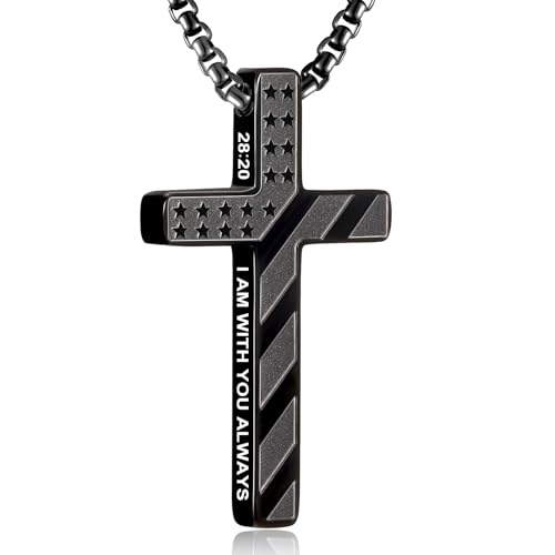 RWQIAN American Flag Cross Necklace for Men,Stainless Steel Bible Verse Cross Pendant Mens Chain,Crucifix Necklace for Christians Teen Baptism Gift Ideas Catholic Men Cool Stuff Personalized Gifts - color: Black, style: Matthew 28:20