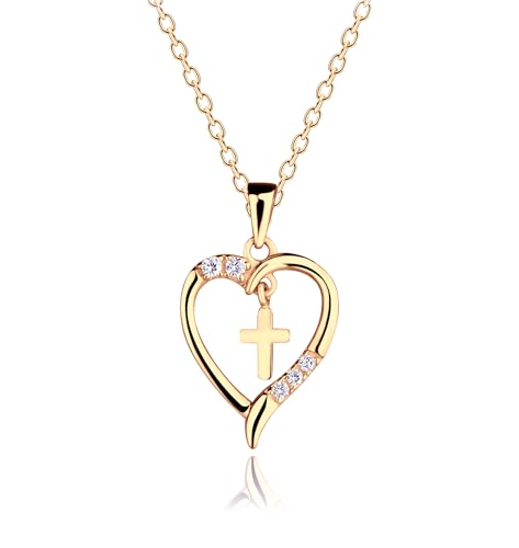 Cherished Moments Dancing Cross Heart Necklace - color: Gold-14