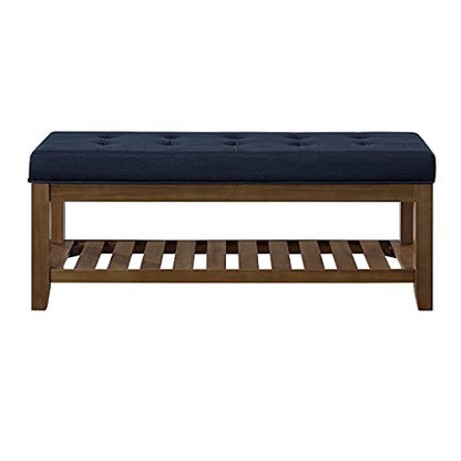 24KF Large Rectangular Upholstered Tufted Linen Fabric Ottoman Bench, Padded Bench with Solid Wood Shelf-Navy Blue - color: Navy Blue-bench, size: 15.8"D x 44"W x 18"H