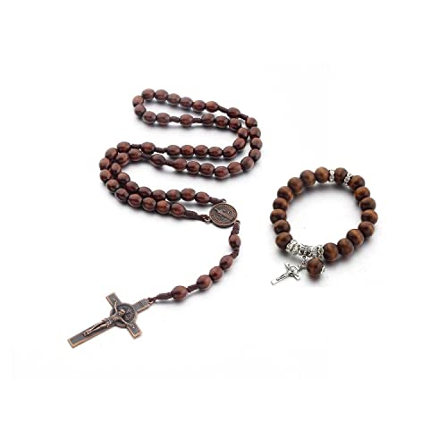 Fuqimanman2020 Christian Handmade Wooden Catholic Rosaries Necklace, Prayer Beads Holy Soil Medal & Cross, Catholic Wooden Rosary Beads - color: 2Pcs A