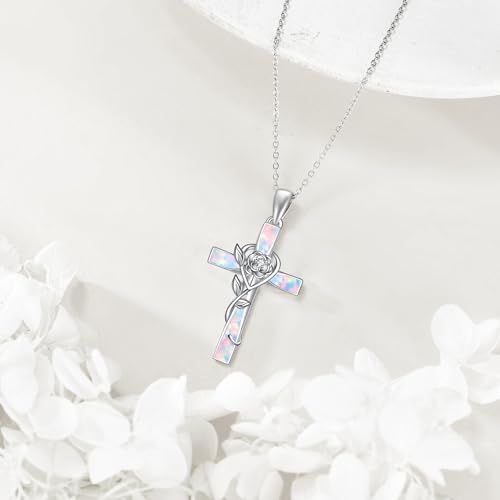 ONEFINITY Cross Necklace 925 Sterling Silver Cross Pendant Religious Jewelry Gifts - style: opal rose cross