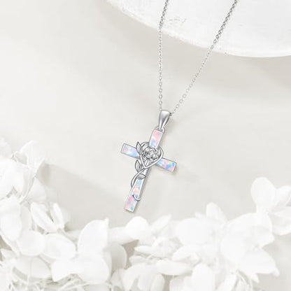 ONEFINITY Cross Necklace 925 Sterling Silver Cross Pendant Religious Jewelry Gifts - style: opal rose cross