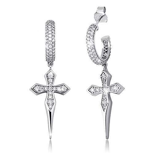 TOPGRILLZ Cross Hoop Dangle Earrings 925 Sterling Silver 5A+ Cubic Zirconia 14K Gold Hypoallergenic Cross Hoop Cuff Huggie Drop Earrings For Men Women - color: 925 Sterling Silver