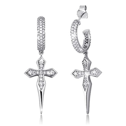 TOPGRILLZ Cross Hoop Dangle Earrings 925 Sterling Silver 5A+ Cubic Zirconia 14K Gold Hypoallergenic Cross Hoop Cuff Huggie Drop Earrings For Men Women - color: 14K Silver