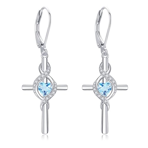 ONEFINITY Cross Earrings for Women 925 Sterling Silver Cross Birthstone Dangle Drop Earrings Infinity Cross Religious Jewelry Gifts for Women - color: 03-Mar-Created Aquamarine