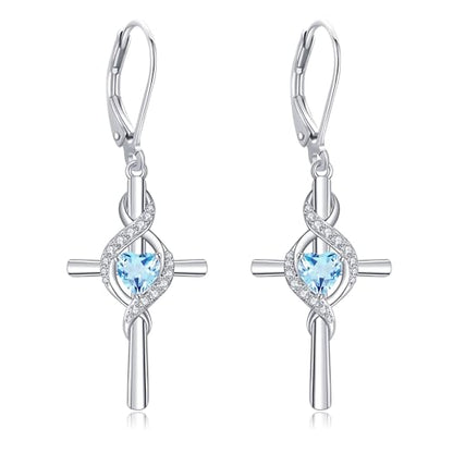 ONEFINITY Cross Earrings for Women 925 Sterling Silver Cross Birthstone Dangle Drop Earrings Infinity Cross Religious Jewelry Gifts for Women - color: 03-Mar-Created Aquamarine