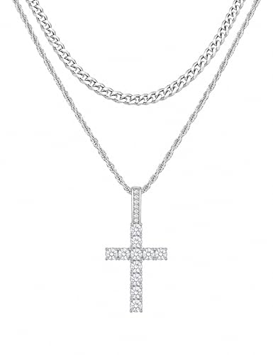 Fiusem Layered Cross Necklace for Men, Stainless Steel Cuban and Rope Chain - color: Silver, size: 18/20 inches