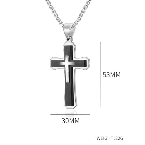 Large Cross Necklace for Men, Stailess Steel Silver Black Gold Cross Triple Layer Big Cross Pendant Unisex Faith Jewelry Gift for Prayer 28 Inches Box Chain - color: Silver black
