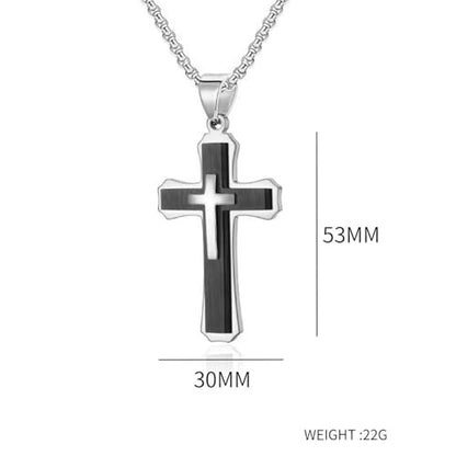 Large Cross Necklace for Men, Stailess Steel Silver Black Gold Cross Triple Layer Big Cross Pendant Unisex Faith Jewelry Gift for Prayer 28 Inches Box Chain - color: Silver black