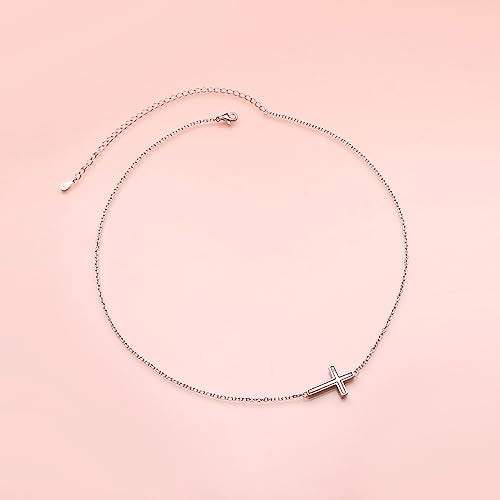 DAOCHONG S925 Sterling Silver Sideways Cross Choker Necklace 14+4 Inch - color: Silver-Oyster Shell