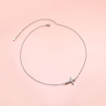 DAOCHONG S925 Sterling Silver Sideways Cross Choker Necklace 14+4 Inch - color: Silver-Oyster Shell