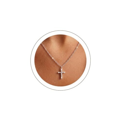 U7 Cross Necklace for Women,CZ Cross Pendant Necklace 18"+2" - color: Silver