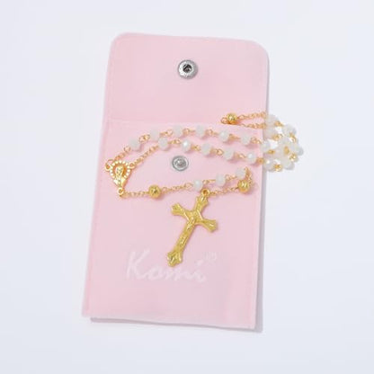 KOMI Crystal Rosary Beads with Jesus Crucifix, Catholic Necklace for Women First Communion Rosarios Wedding Rosary with Velvet Bag - style: 6MM-white