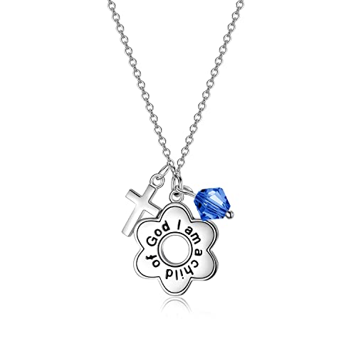 AOBOCO 925 Sterling Silver I Am a Child of God Daisy Necklace Jewelry Birthday Birthday Baptism Communion Gifts for Girls - color: Simulated Sapphire
