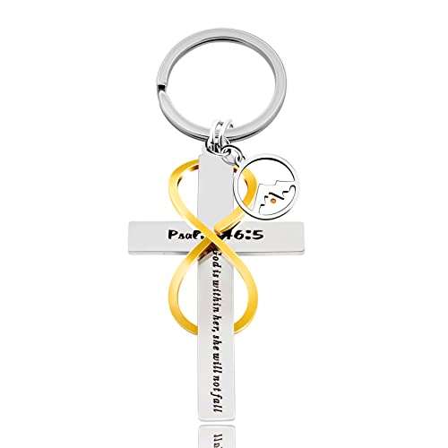 Uloveido Stainless Cross Infinity Keychain Mustard Seed Charms Psalm 46:5 Christian Bible Quote Keyring Baptism Gift - style: Round Mountain