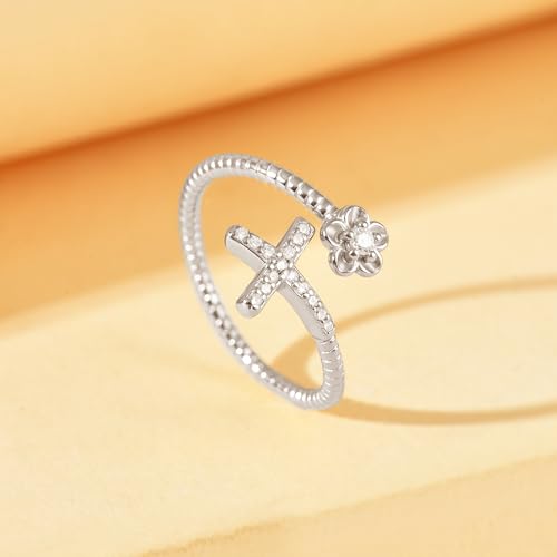 925 Sterling Silver Cross Flower Adjustable Ring For Womem - color: Silver