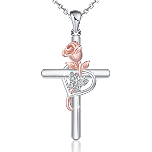 Distance Cross Necklace for Women 925 Sterling Silver Jewelry Pendant Necklace for Mom Wife Gift for Mother's Day or Birthday - style: Rose Butterfly Cross necklace
