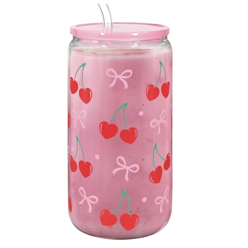 SANDJEST Cherry 16 Oz Can Glass Tumbler with Acrylic Lid and Straw - Iced Coffee Cups for Women, Aesthetic Glass Cup Gift for Birthday Christmas - color: Cherry