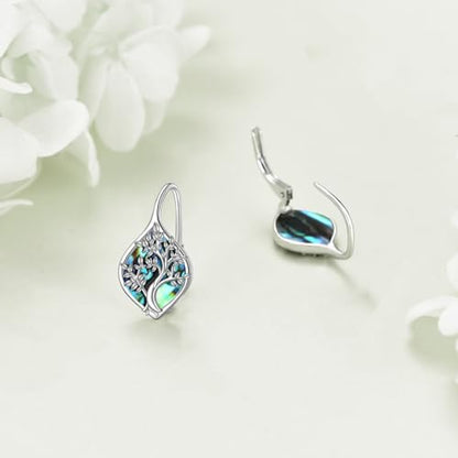 Celtic Trinity Knot Earrings for Women 925 Sterling Silver Triquetra Knot Leverback Abalone Shell Irish Jewelry Tree of Life Gift - style: tree of life