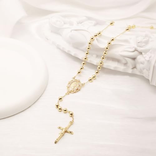 Women's Gold Rosary Beads Necklace,14K Gold Plated Virgin Mary Y Necklaces - color: Gold - Style 2