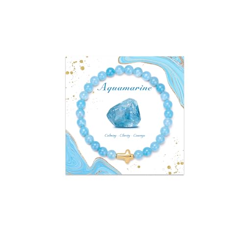 Cross Beaded Bracelets for Women, Natural Stone Healing Crystal Bracelet Religious Cross Bracelet for Women Birthday Christian Gifts on Easter Christmas Gifts - color: Aquamarine