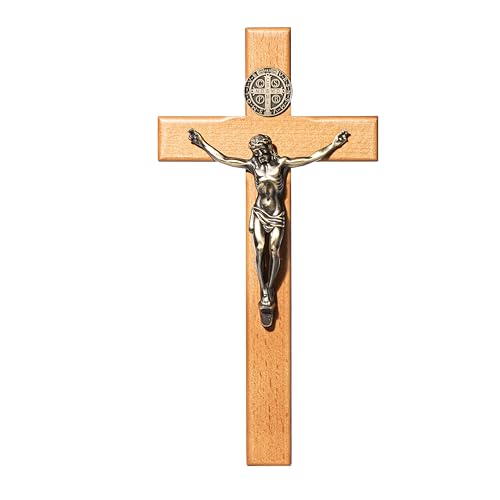 ACHIBANG Crucifix Wall Cross, 10in Wooden Catholic Jesus St Benedict Decor - size: 10"L x 5"W
